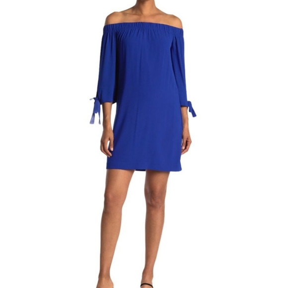 VINCE CAMUTO Cobalt Blue Off the Shoulder Scuba Bardot Dress Size 6 - Picture 3 of 9